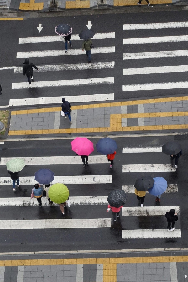 20일 오후 봄비가 촉촉하게 내린 가운데 시민들이 형형색색의 우산을 받쳐 들고 제주시청 인근 횡단보도를 건너고 있다. 장진우 기자