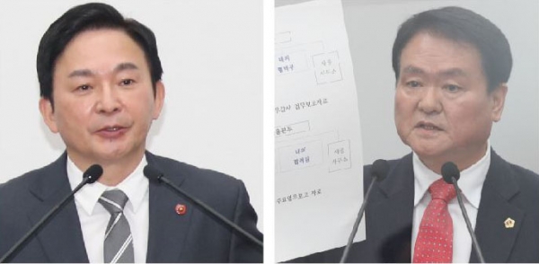 지난 17일 열린 도정질문에서 김희현 의원이 원희룡 제주도지사를 상대로 질문을 이어가고 있다.