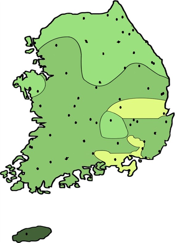 소나무 전국 유전자 분포지도. 동일한 색깔로 표시된 지역은 동일한 유전구역이다. 검정색 점은 유전다양성을 평가한 60개 소나무 분포집단 위치.