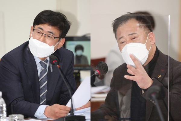 11일 열린 제402회 제주도의회 임시회 보건복지안전위원회 제1차 회의에서 ‘제주특별자치도 의료법인 설립 및 운영 지침’ 개정을 두고 김대진 의원(오른쪽)과 홍명환 의원은 찬반으로 의견이 충돌했다.