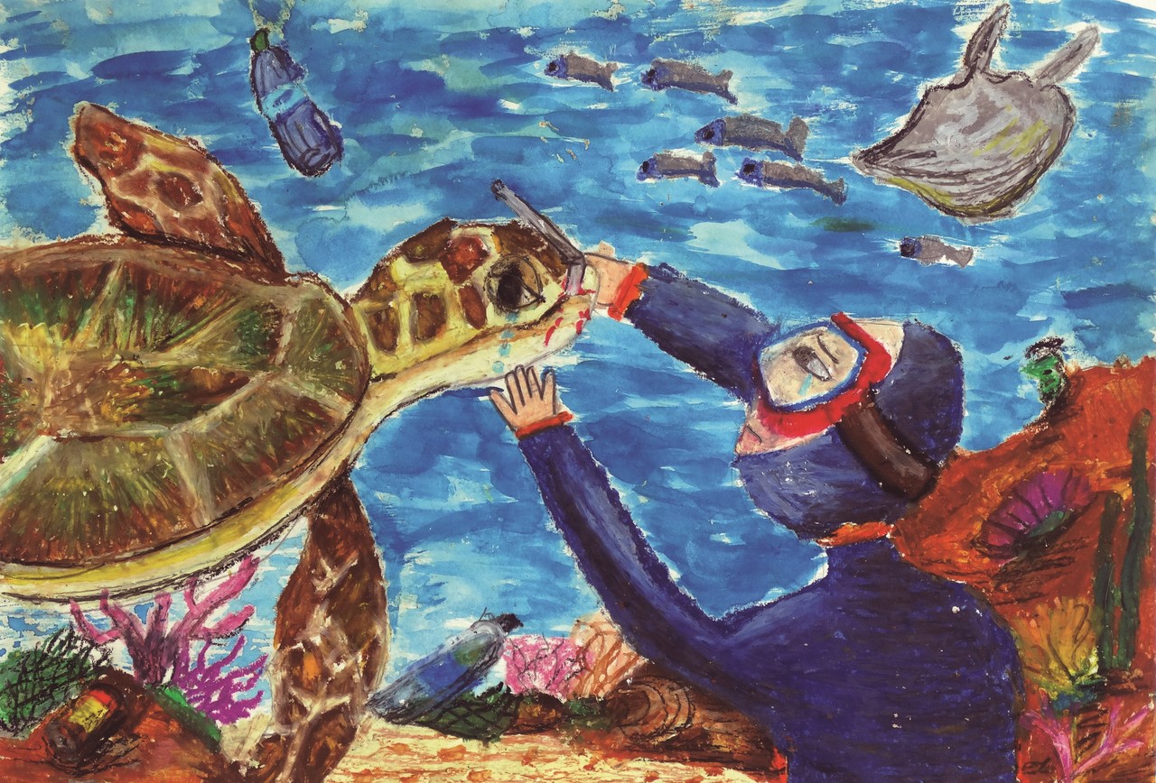 정지예 학생의 최우수상 작품작 ‘사람들이 버린 쓰레기로 아파하는 거북이를 보았어요. 구해주세요’. [제주매일]