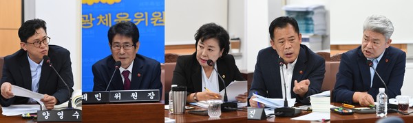 제주도의회 문화관광체육위원회 양영수 의원, 고태민 위원장, 박두화, 김대진, 강철남 의원(왼쪽부터). [사진=제주도의회]