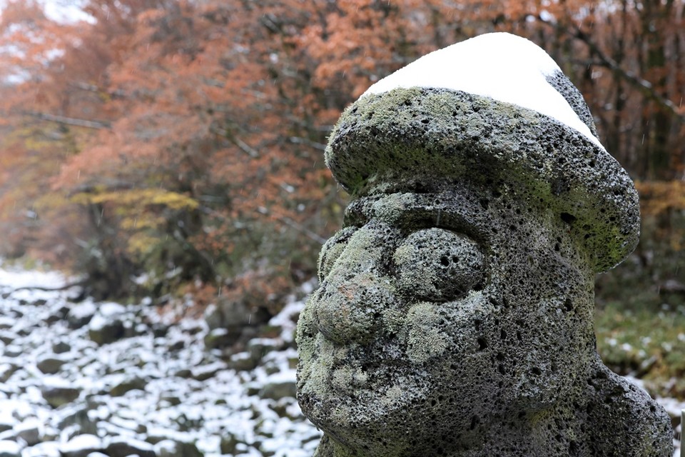 대설주의보가 해제된 19일 오전 제주 한라산 어리목 인근에 세워진 돌하르방 머리 위에 밤사이 내린 눈이 쌓여 있다. [연합]