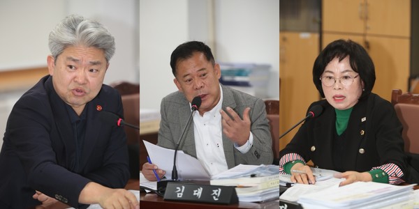 왼쪽부터 강철남‧김대진‧원화자 의원이 질의하고 있다.