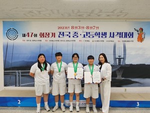 왼쪽부터 강서정·강지예·오예진·양서윤 선수, 홍영옥 지도자