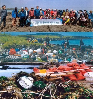 (사진 위부터) 바다 정화활동 중인 신사리어촌계. 동귀어촌계가 해안정화활동으로 수거한 폐어구 등 해양쓰레기. 각종 폐어구 등 해양쓰레기가 가득한 해안을 정화 중인 ㈔제주도바다환경보전협의회.